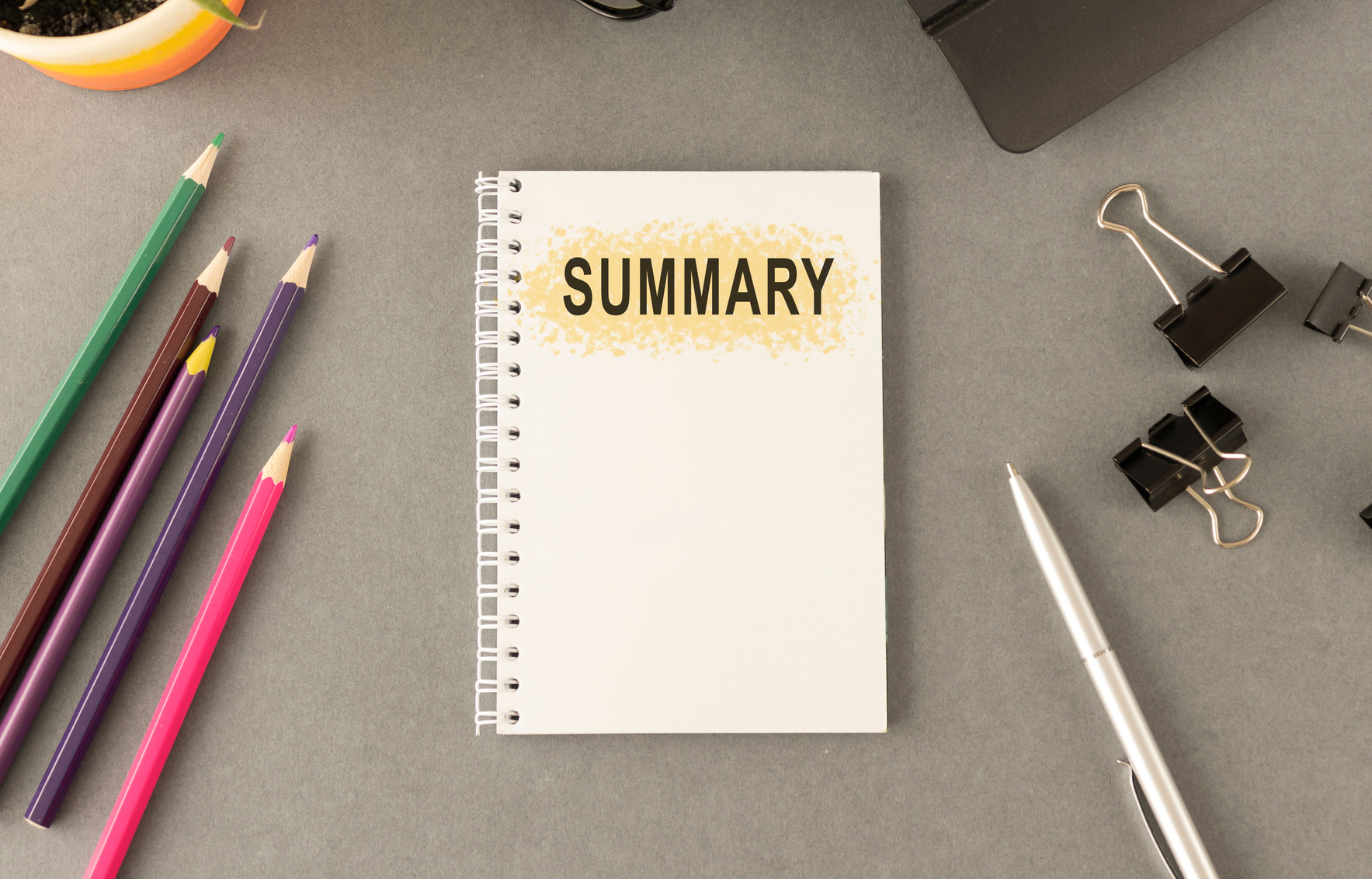 SUMMARY text concept write on notebook, flat lay